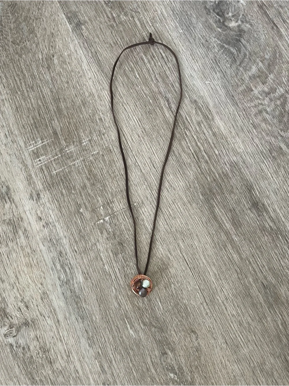 Handcrafted Wire Wrapped Stone Pendant Necklace – Brown Cord – Copper Tone Wire